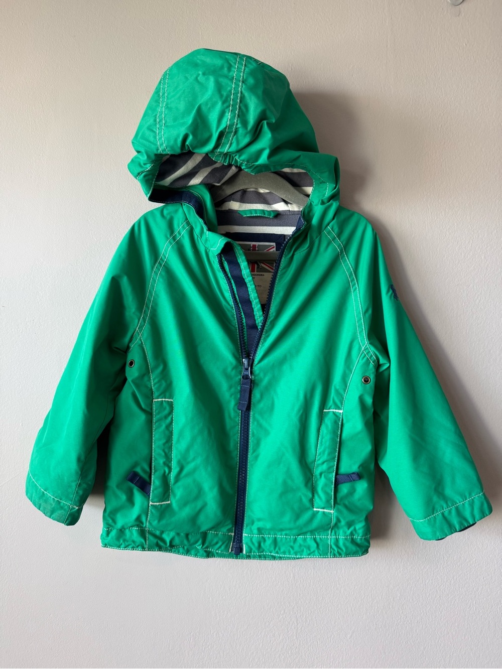 Mini Boden‎ Boys Green Cotton Stripe Lined Hooded Raincoat Jacket Size 2-3 Years